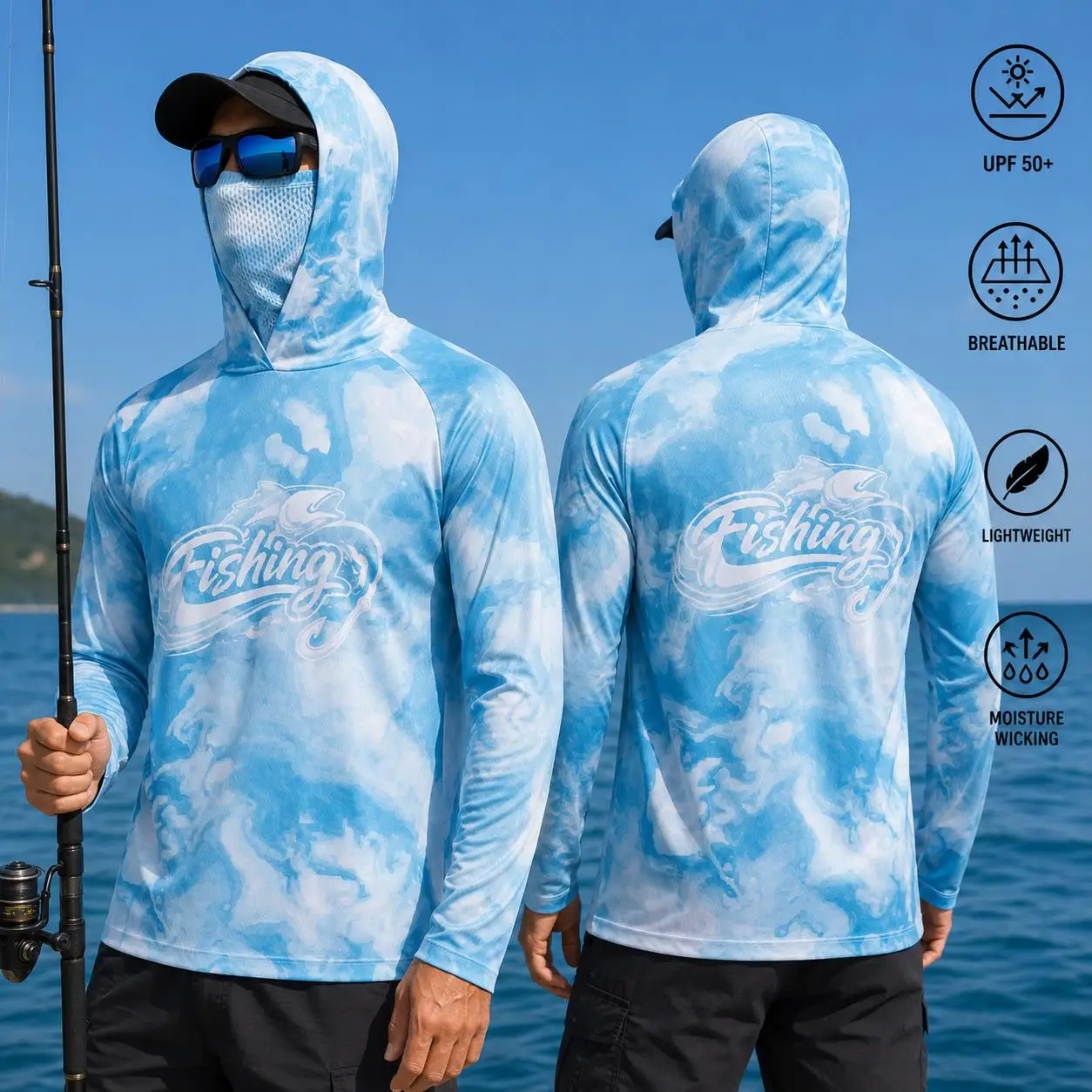 قميص صيد رجالي بغطاء للرأس، حم - مراجعة Fishing وسعره